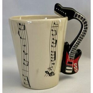 Guitar music notes themed coffee mug cup red black cream
